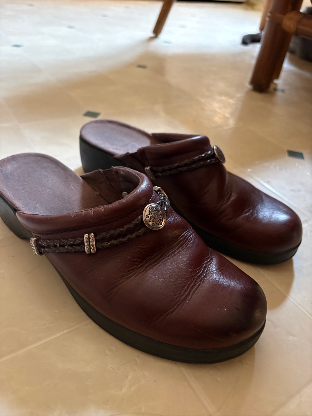Minnetonka Burgundy Leather Clog Mules with Braided Trim